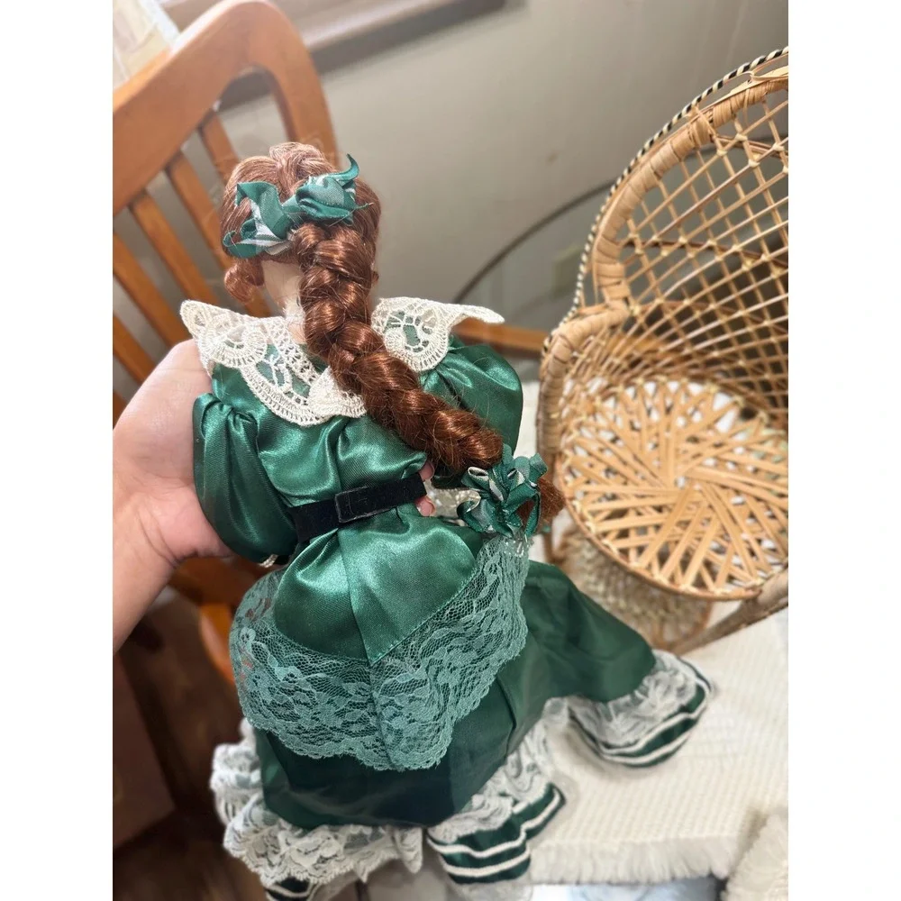 Victorian Porcelain Doll Emerald Green Lace Dress Wicker Peacock Chair 16in